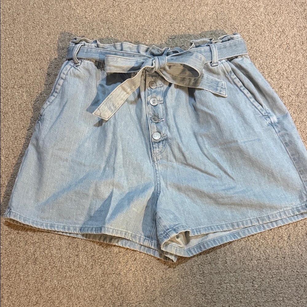 LOFT Light Blue Paperbag Waist Denim Shorts with Tie